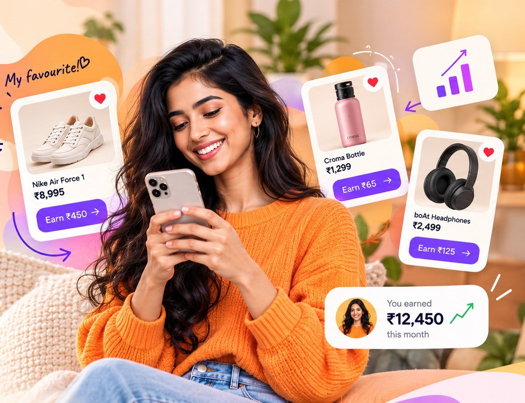 Creator smiling at her phone, surrounded by favourite product cards with commission earnings and a monthly earnings card